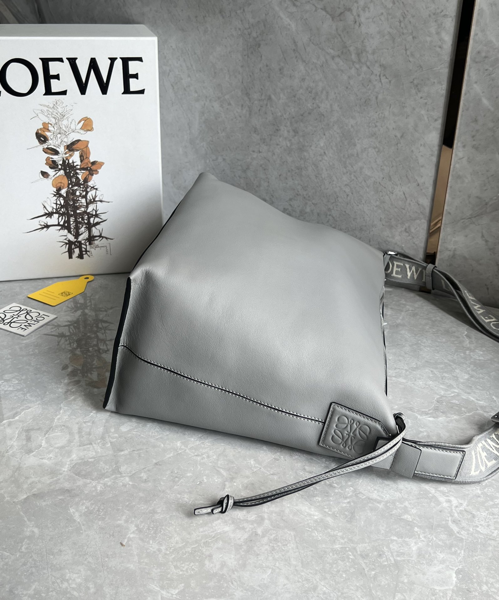 Loewe Large Cubi Crossbody Bag in Supple Smooth Calfskin and Jacquard Asphalt Grey